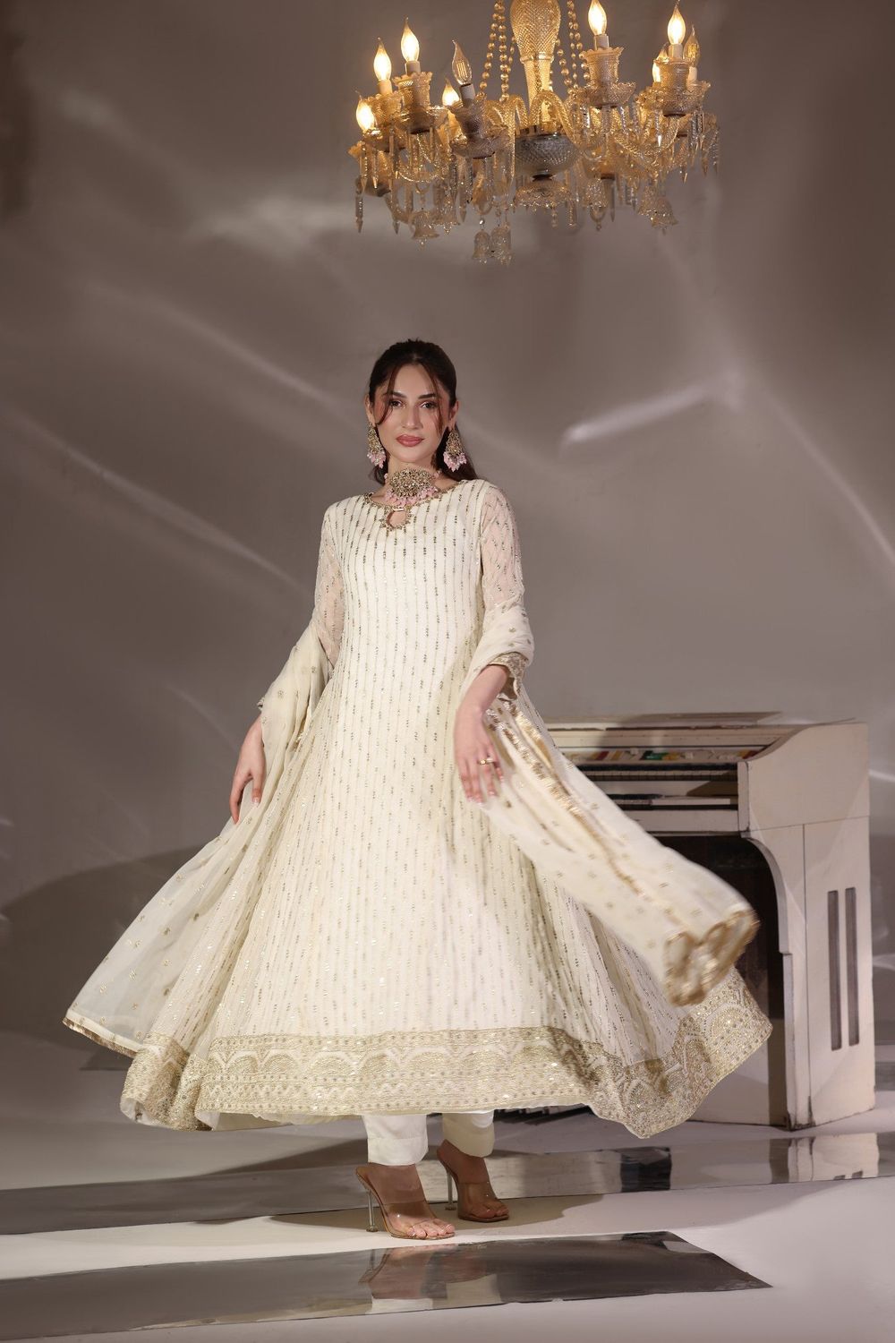 Off-White Embroidered Chiffon Flared Pishwas Suit Online in Dubai UAE Abudhabi Ajman Sharjah