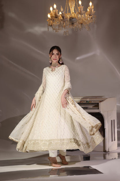 Off-White Embroidered Chiffon Flared Pishwas Suit Online in Dubai UAE Abudhabi Ajman Sharjah