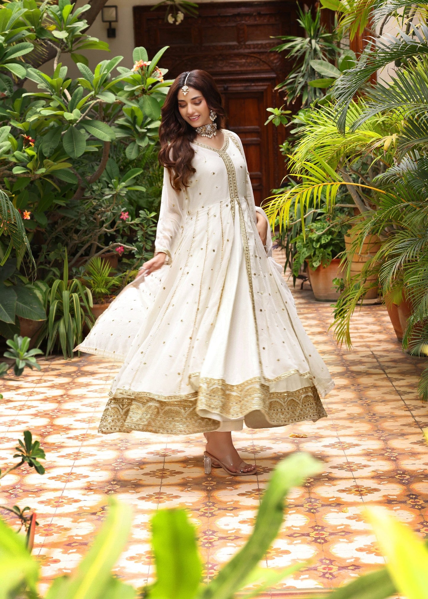 Off-White Embroidered Chiffon Flared Top and Dupatta Online in Dubai DXB UAE Abudhabi Meena Bazaar
