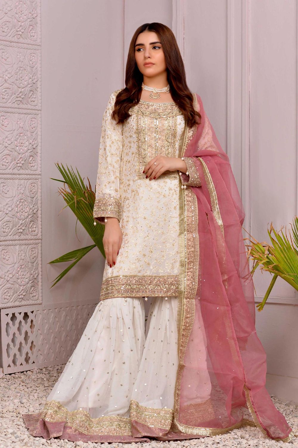 Off-White Embroidered Chiffon Gharara Suit Online in Dubai UAE Abudhabi Ajman Sharjah