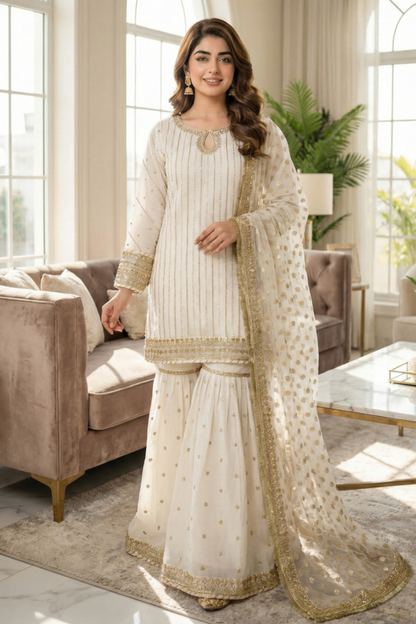 Off-White Embroidered Chiffon Gharara Suit Online in Dubai UAE Abudhabi Ajman Sharjah