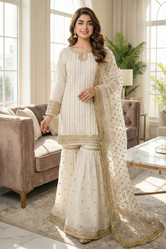 Off-White Embroidered Chiffon Gharara Suit Online in Dubai UAE Abudhabi Ajman Sharjah