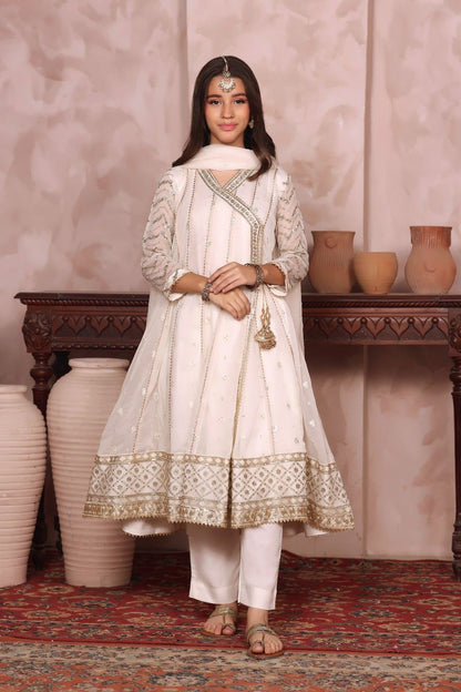 Off White Embroidered Chiffon Kids Salwar Suit Online in Dubai UAE Abudhabi Ajman Sharjah