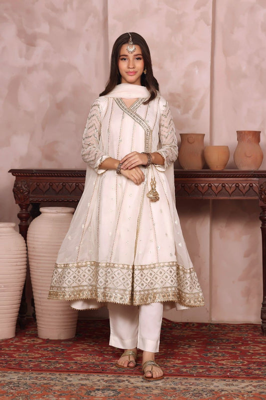 Off White Embroidered Chiffon Kids Salwar Suit Online in Dubai UAE Abudhabi Ajman Sharjah