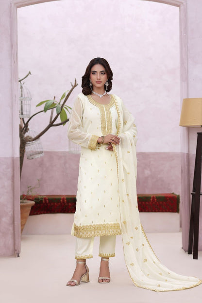 Off White Embroidered Chiffon Kurta Set Online in Dubai UAE Abudhabi Ajman Sharjah