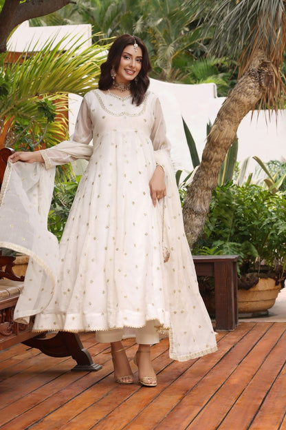 Off-White Embroidered Chiffon Partywear Pishwas Online in Dubai UAE Abudhabi Ajman Sharjah