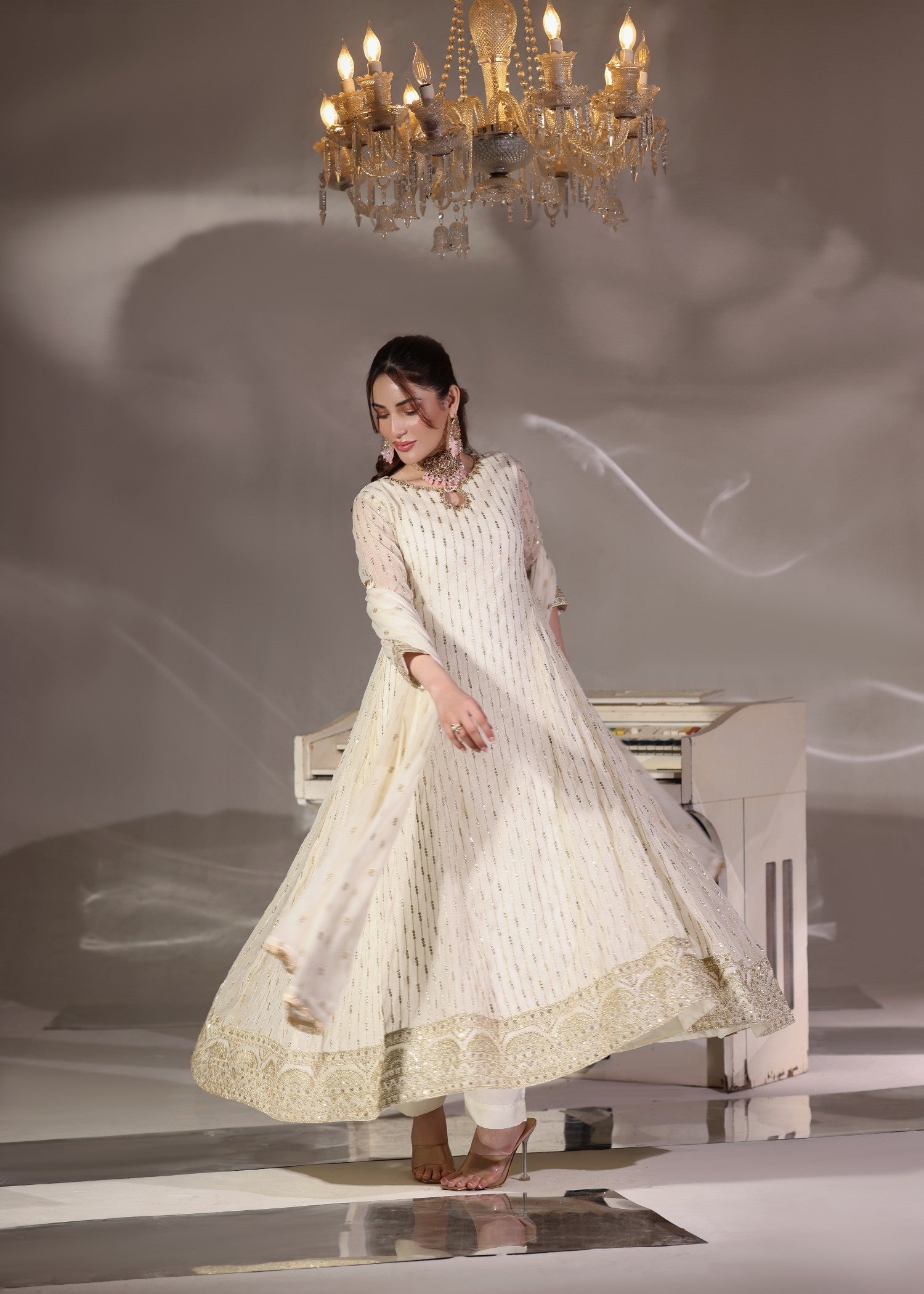 Off-White Embroidered Chiffon Partywear Pishwas Online in UK USA Canada