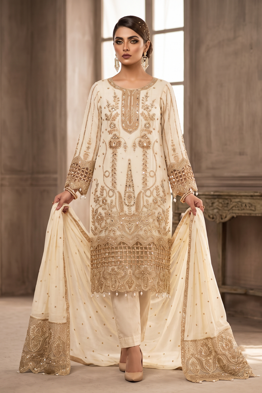 Off-White Embroidered Chiffon Partywear Salwar Suit Online in Dubai UAE Abudhabi Ajman Sharjah