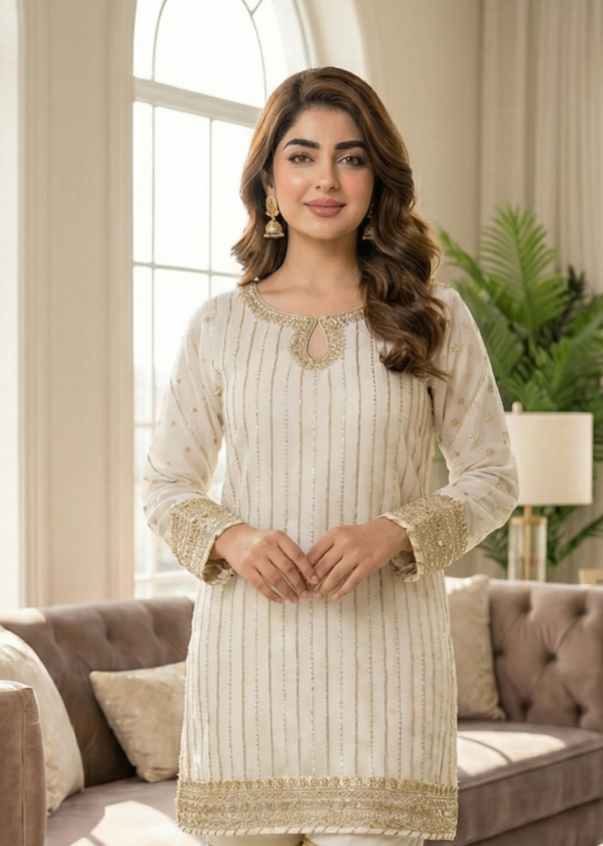 Off-White Embroidered Chiffon Partywear Suit Online in Dubai DXB UAE Abudhabi Meena Bazaar