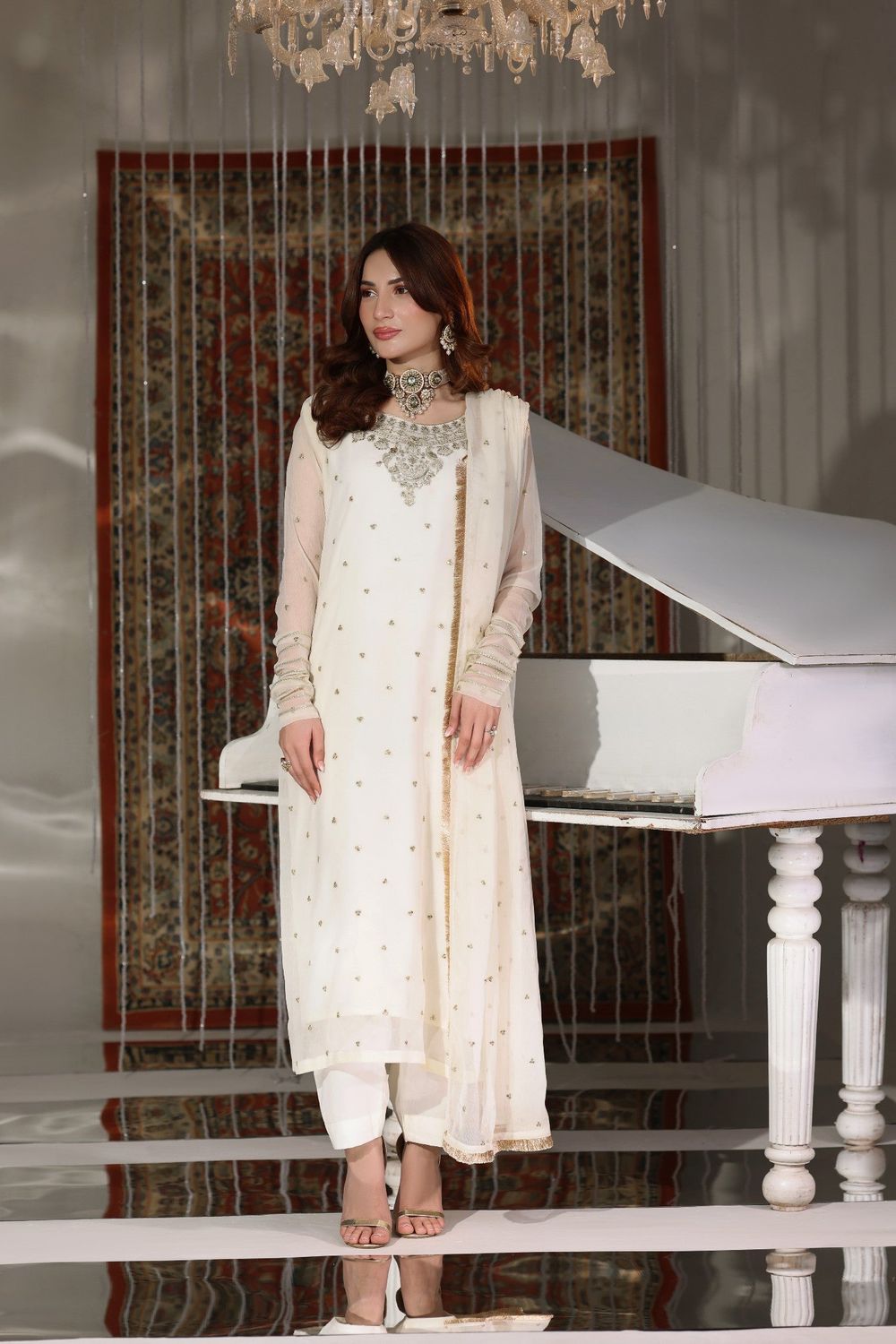 Off-White Embroidered Chiffon Partywear Suit Online in Dubai UAE Abudhabi Ajman Sharjah