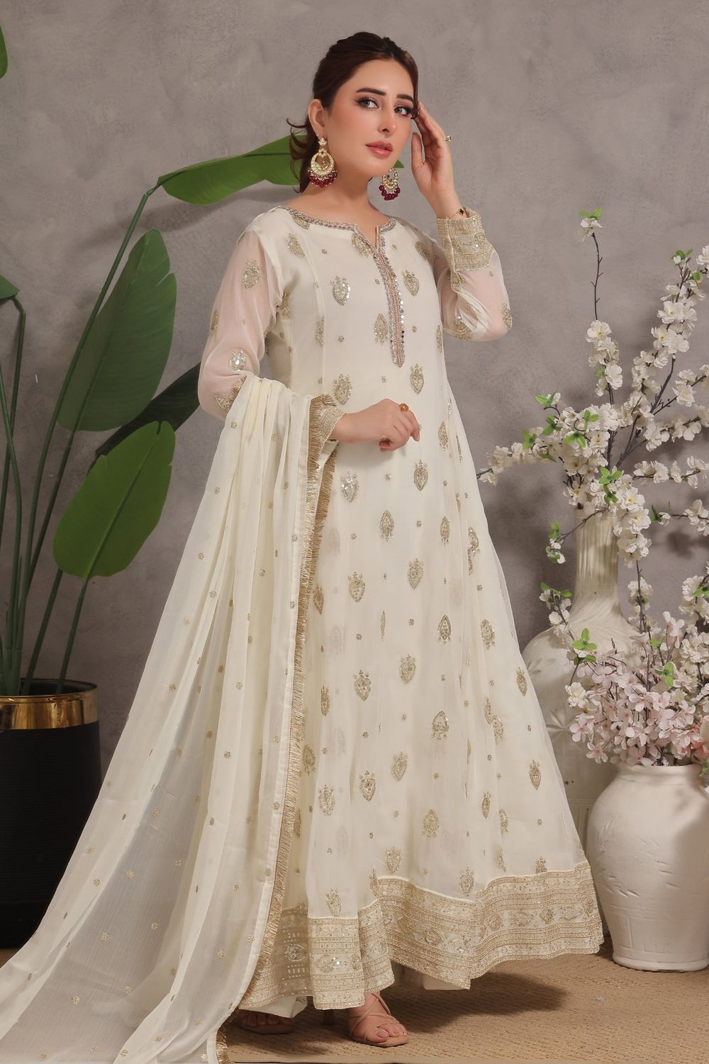 Off-White Embroidered Chiffon Pishwas Suit Online in Dubai UAE Abudhabi Ajman Sharjah