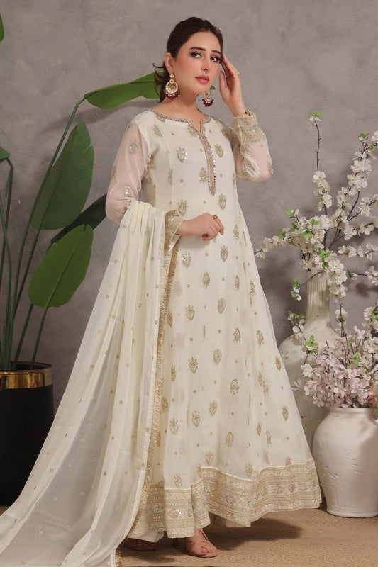 Off-White Embroidered Chiffon Pishwas Suit Online in Dubai UAE Abudhabi Ajman Sharjah