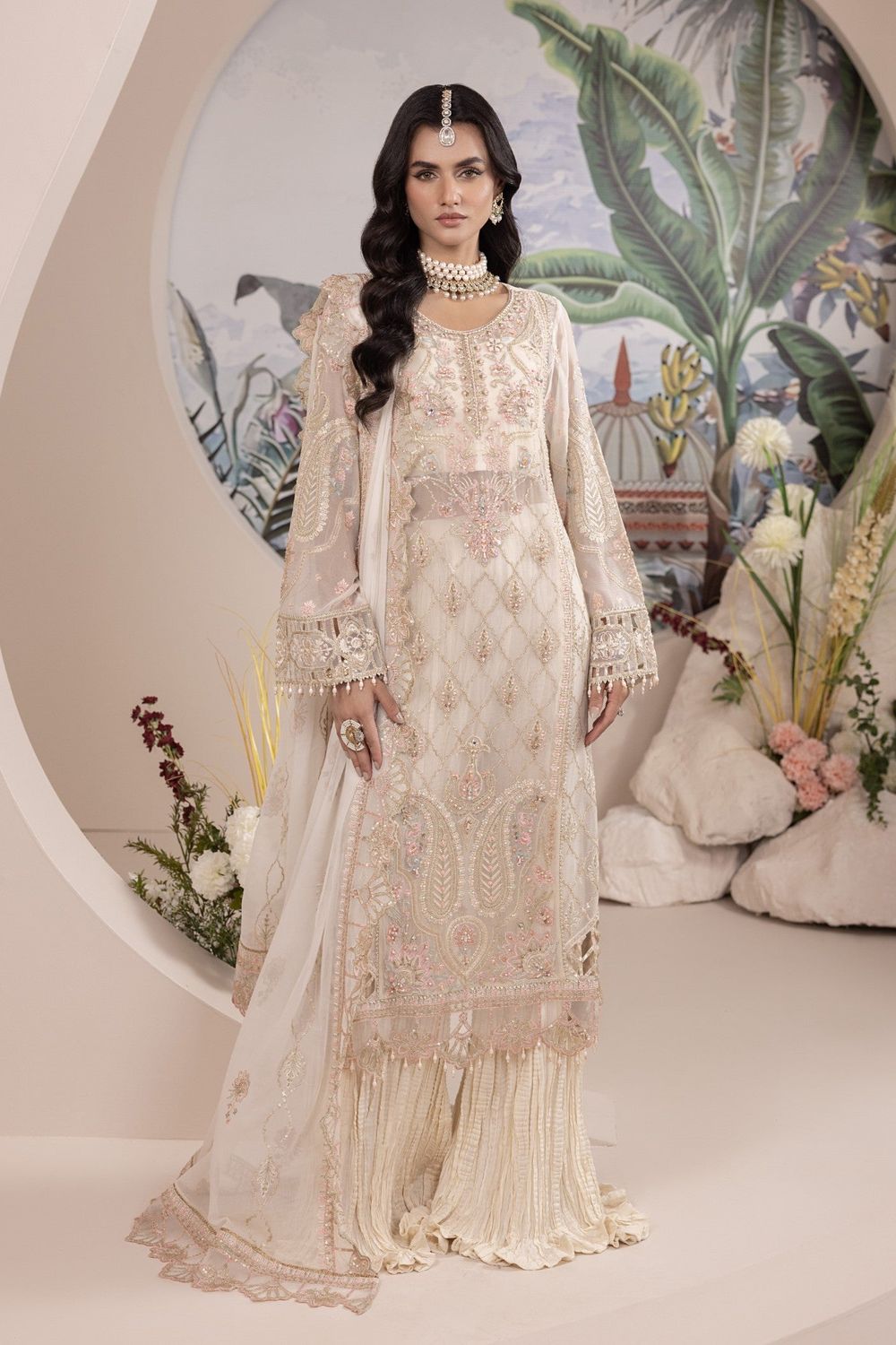 Off-White Embroidered Chiffon Sharara Suit Online in Dubai UAE Abudhabi Ajman Sharjah