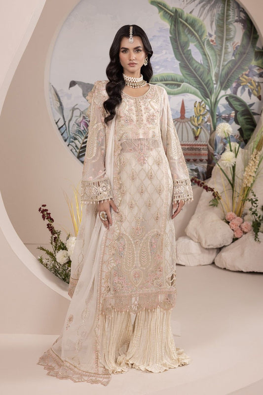 Off-White Embroidered Chiffon Sharara Suit Online in Dubai UAE Abudhabi Ajman Sharjah