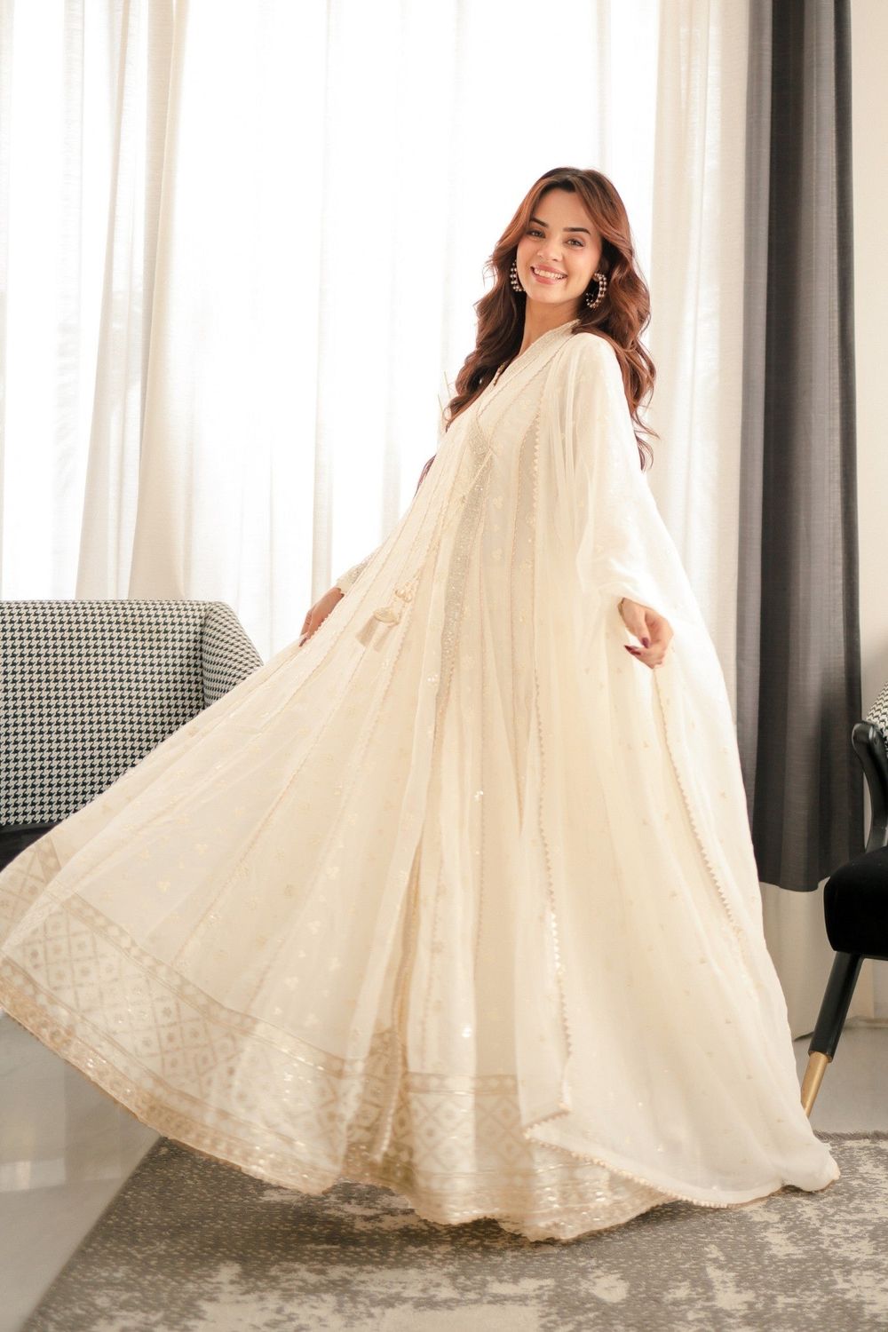Off-White Embroidered Chiffon Wedding Angrakha Maxi Online in Dubai UAE Abudhabi Ajman Sharjah