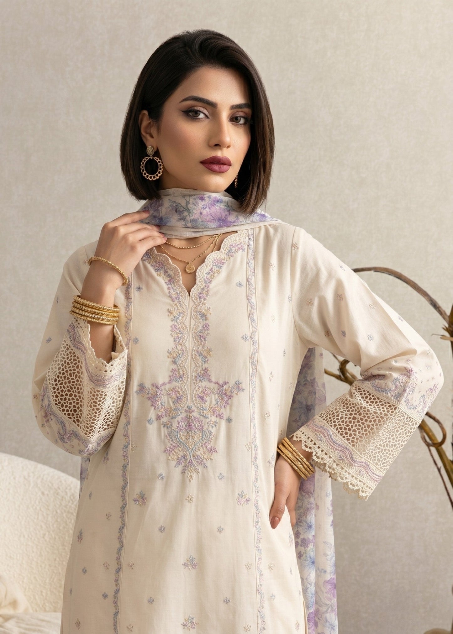 Off White Embroidered Cotton Kurta with Trouser Online in Dubai DXB UAE Abudhabi Meena Bazaar