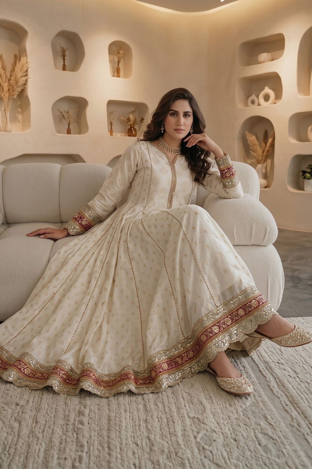 Off-White Embroidered Cotton Masuri Pishwas Suit Online in Dubai UAE Abudhabi Ajman Sharjah