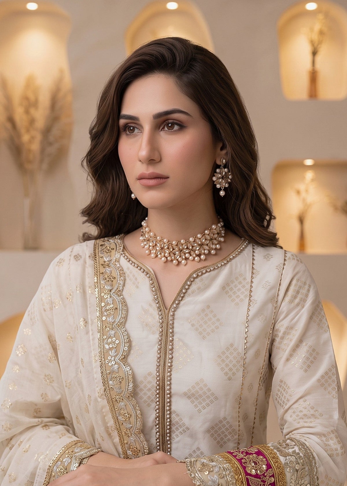 Off-White Embroidered Cotton Masuri Salwar Suit Online in KSA Riyadh Saudi Arabia Oman Bahrain Qatar