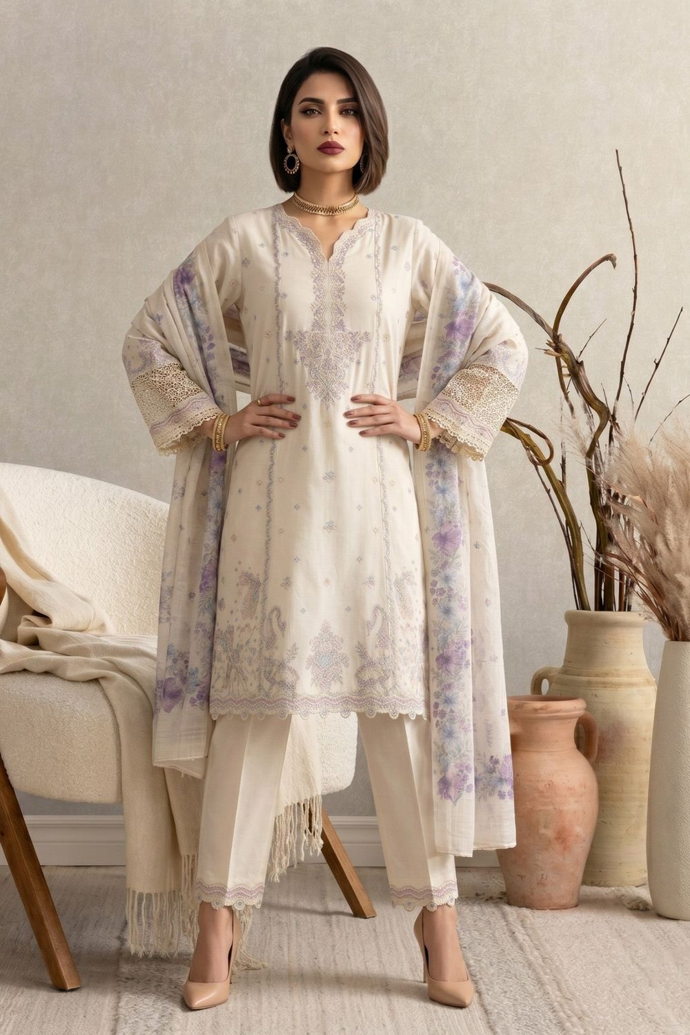 Off White Embroidered Cotton Straight Kurta Suit Online in Dubai UAE Abudhabi Ajman Sharjah