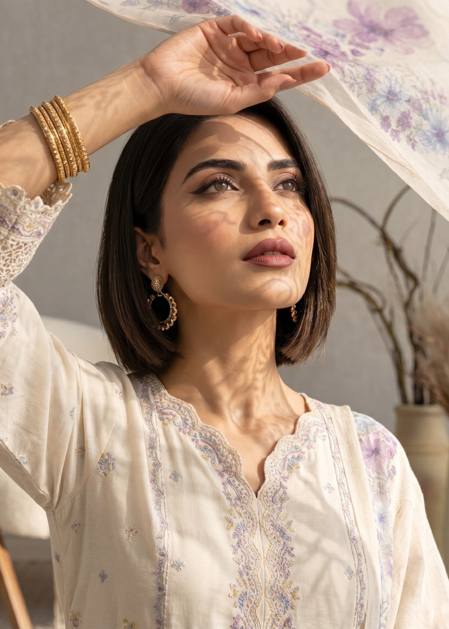 Off White Embroidered Cotton Three Piece Suit Online in Dubai DXB UAE Abudhabi Meena Bazaar