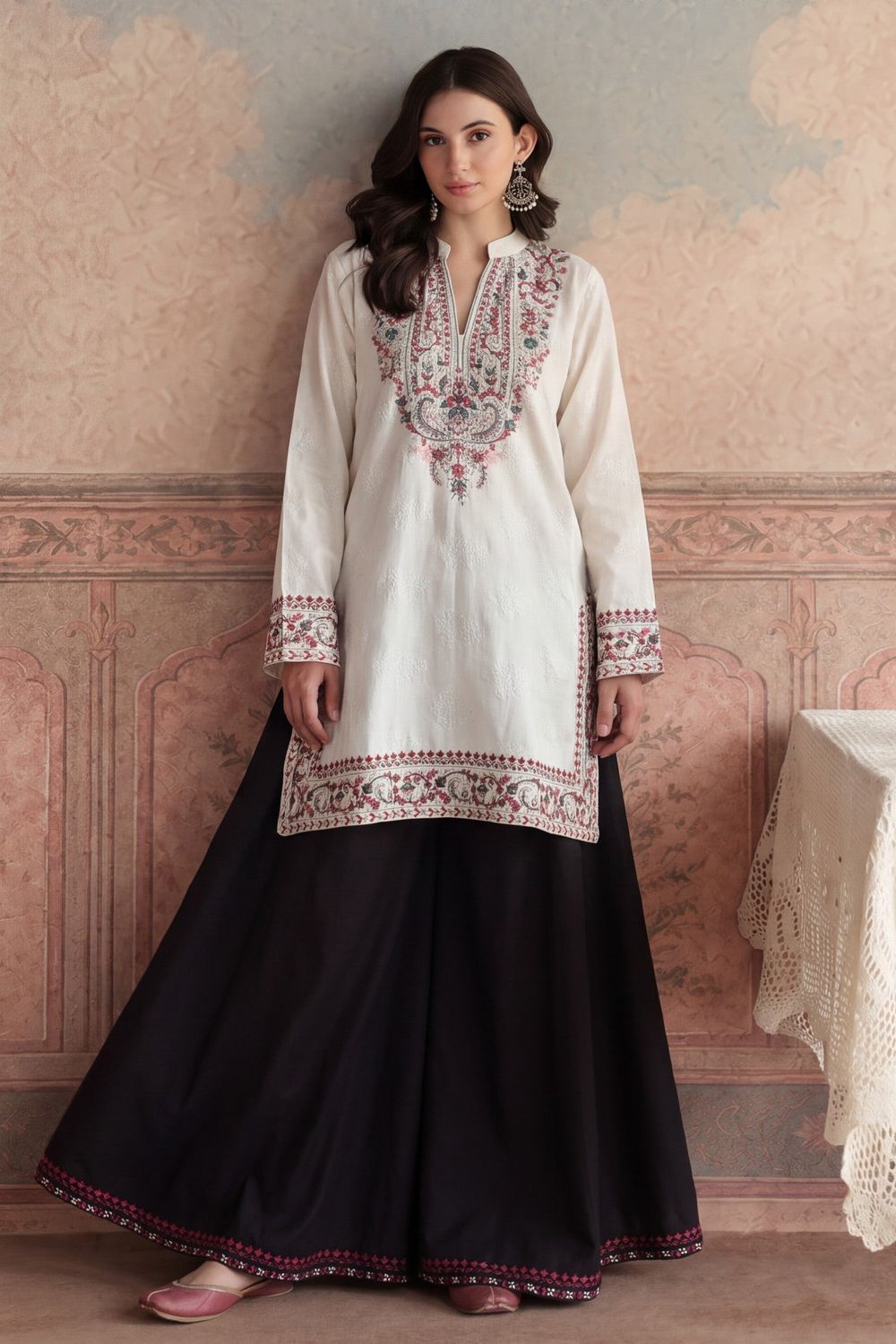 Off-White Embroidered Dhanak Sharara Suit Online in Dubai UAE Abudhabi Ajman Sharjah
