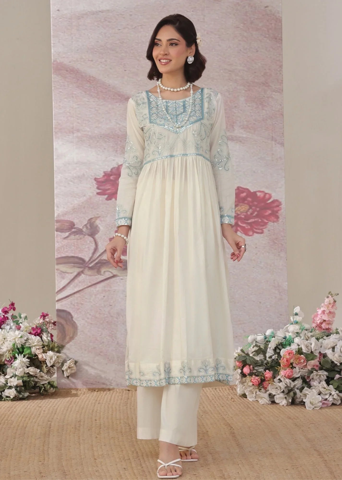 Off-White Embroidered Kurta Set Lawn Online in Dubai DXB UAE Abudhabi Meena Bazaar