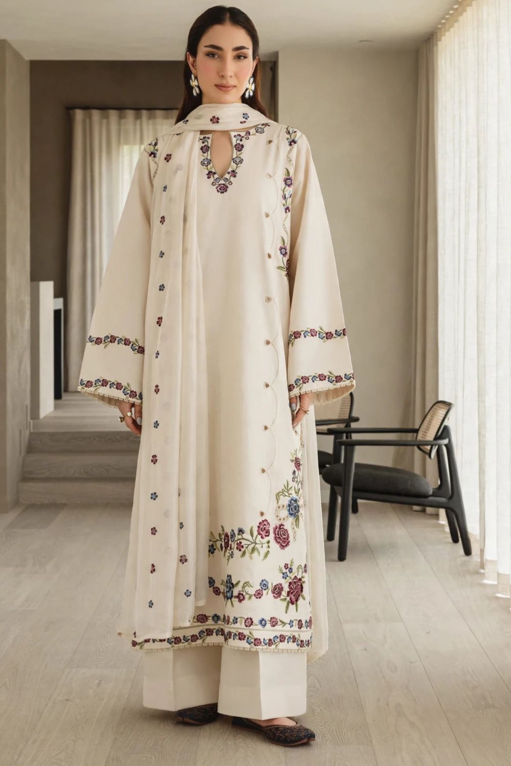 Off-White Embroidered Lawn Cotton Pakistani Suit Online in Dubai UAE Abudhabi Ajman Sharjah