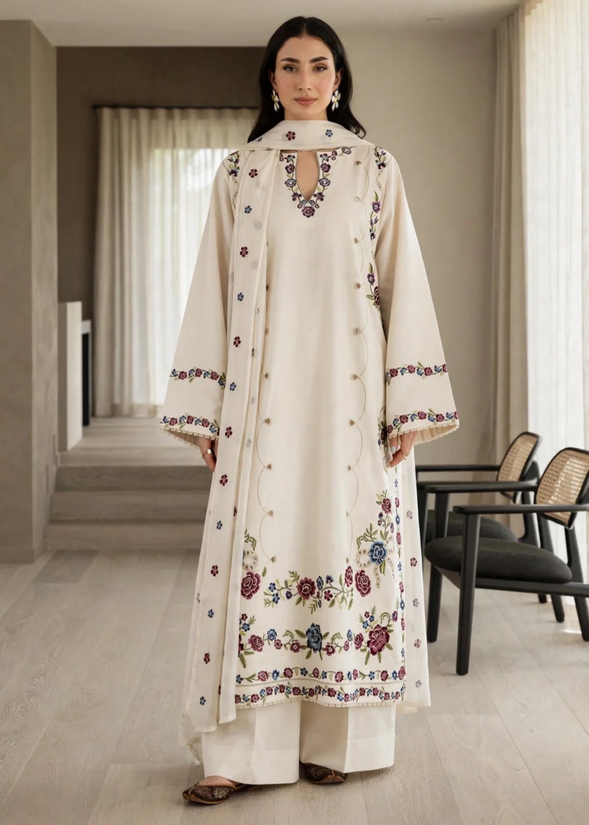 Off-White Embroidered Lawn Cotton Salwar Suit Online in Dubai DXB UAE Abudhabi Meena Bazaar