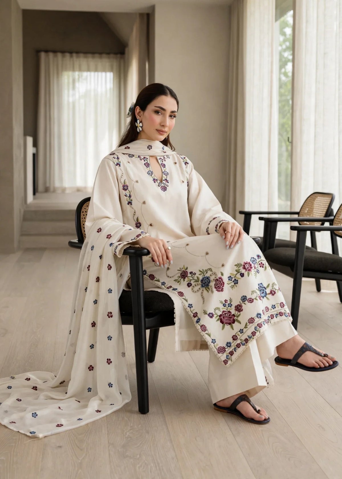 Off-White Embroidered Lawn Cotton Shalwar Kameez Online in UK USA Canada