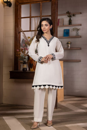 Off-White Embroidered Lawn Cotton Short Kurta with Straight Trouser Online in Dubai UAE Abudhabi Ajman Sharjah