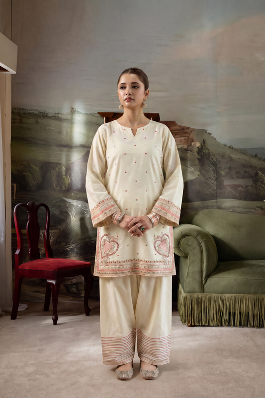 Off-White Embroidered Lawn Farshi Shalwar Kurta Set Online in Dubai UAE Abudhabi Ajman Sharjah