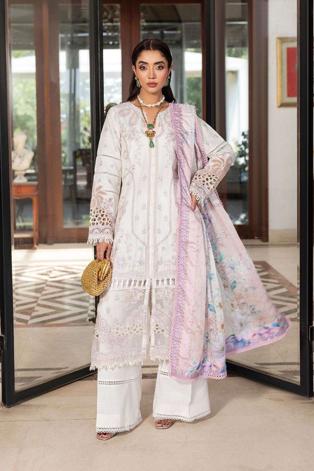 Off-White Embroidered Lawn Festive Suit Online in Dubai UAE Abudhabi Ajman Sharjah