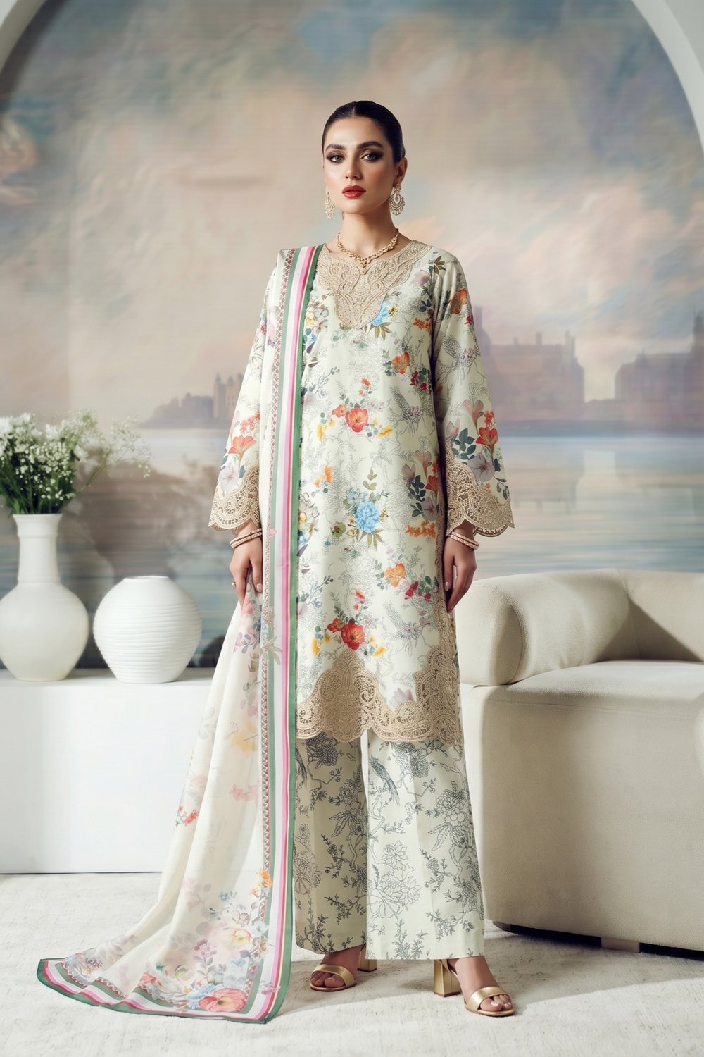 Off-White Embroidered Lawn Festive Wear Suit Online in Dubai UAE Abudhabi Ajman Sharjah