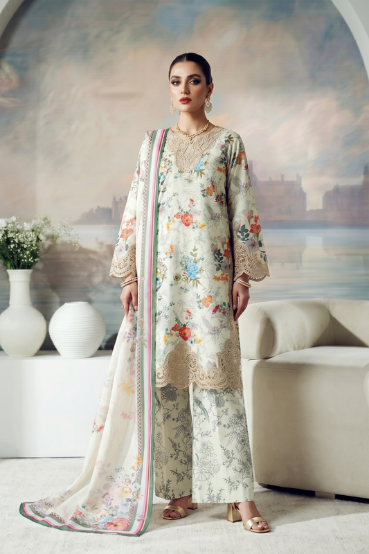 Off-White Embroidered Lawn Festive Wear Suit Online in Dubai UAE Abudhabi Ajman Sharjah