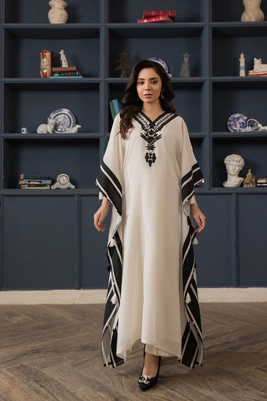 Off-White Embroidered Lawn Kaftan Partywear Suit Online in Dubai UAE Abudhabi Ajman Sharjah