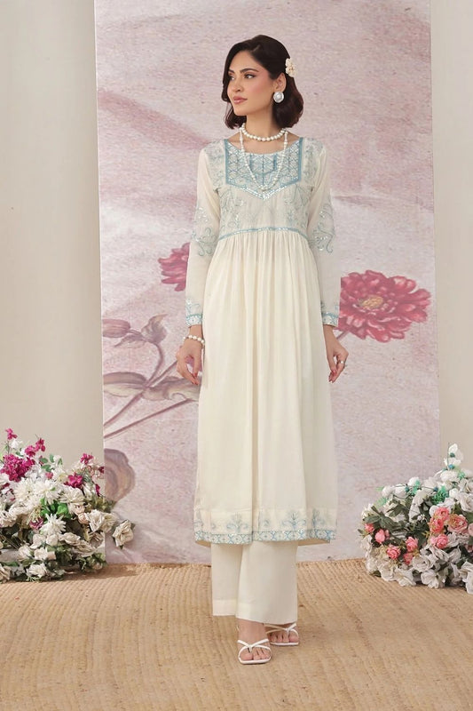 Off-White Embroidered Lawn Kurta Set Online in Dubai UAE Abudhabi Ajman Sharjah