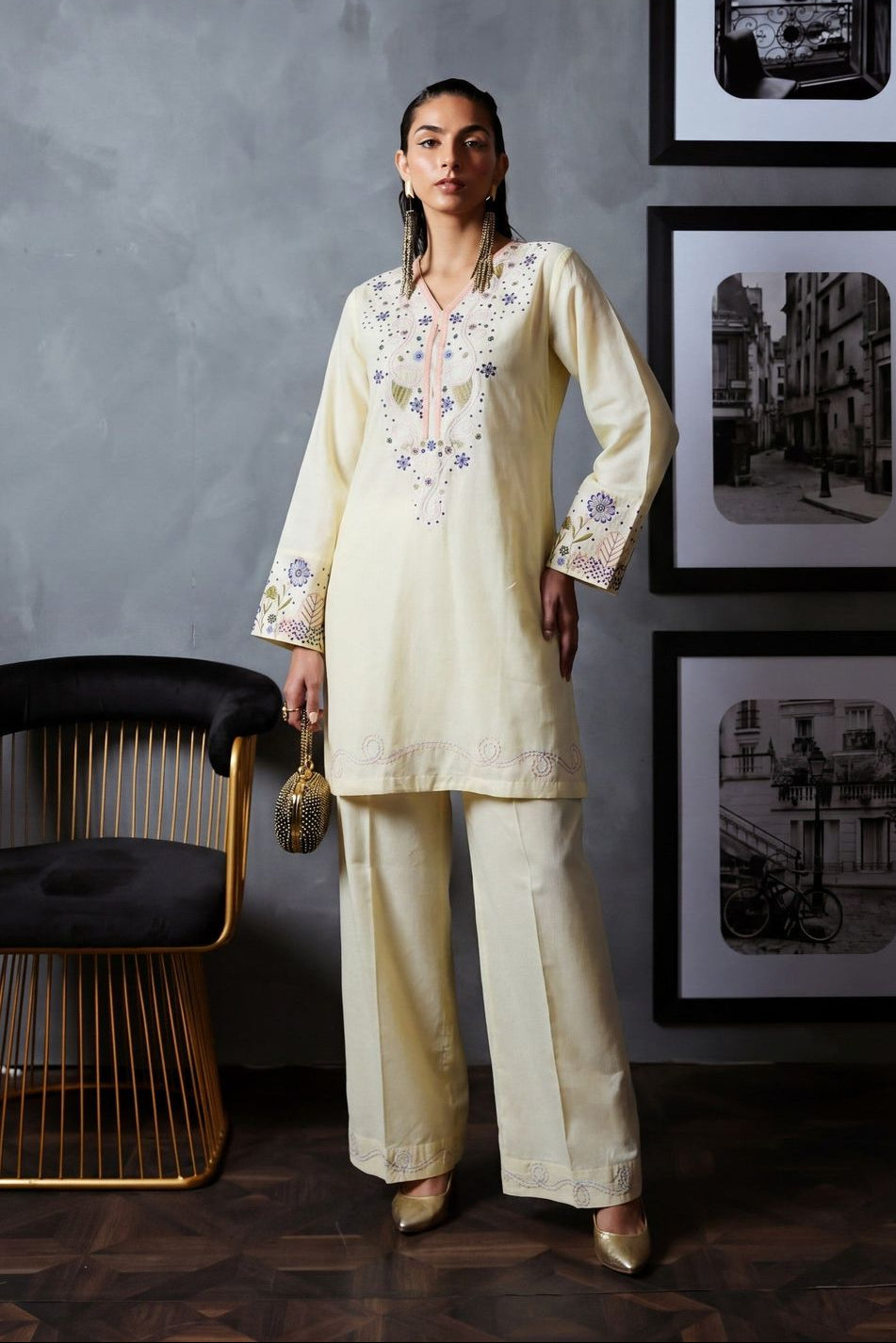 Off-White Embroidered Lawn Kurta Set Online in Dubai UAE Abudhabi Ajman Sharjah