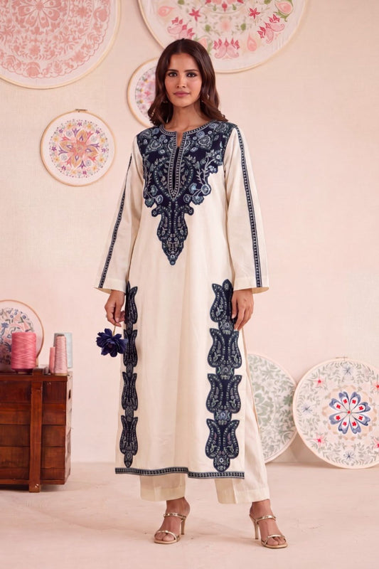 Off-White Embroidered Lawn Kurta Set Online in Dubai UAE Abudhabi Ajman Sharjah