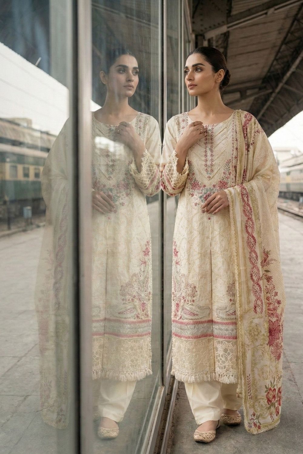 Off White Embroidered Lawn Salwar Suit Online in Dubai UAE Abudhabi Ajman Sharjah
