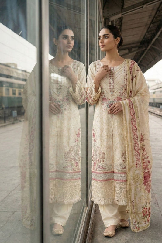Off White Embroidered Lawn Salwar Suit Online in Dubai UAE Abudhabi Ajman Sharjah