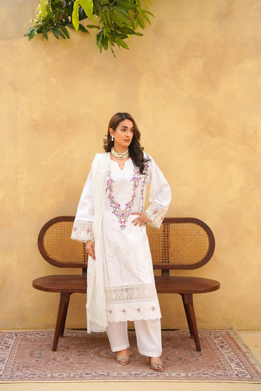 Off-White Embroidered Lawn Straight Trouser Kurta Set Online in Dubai UAE Abudhabi Ajman Sharjah