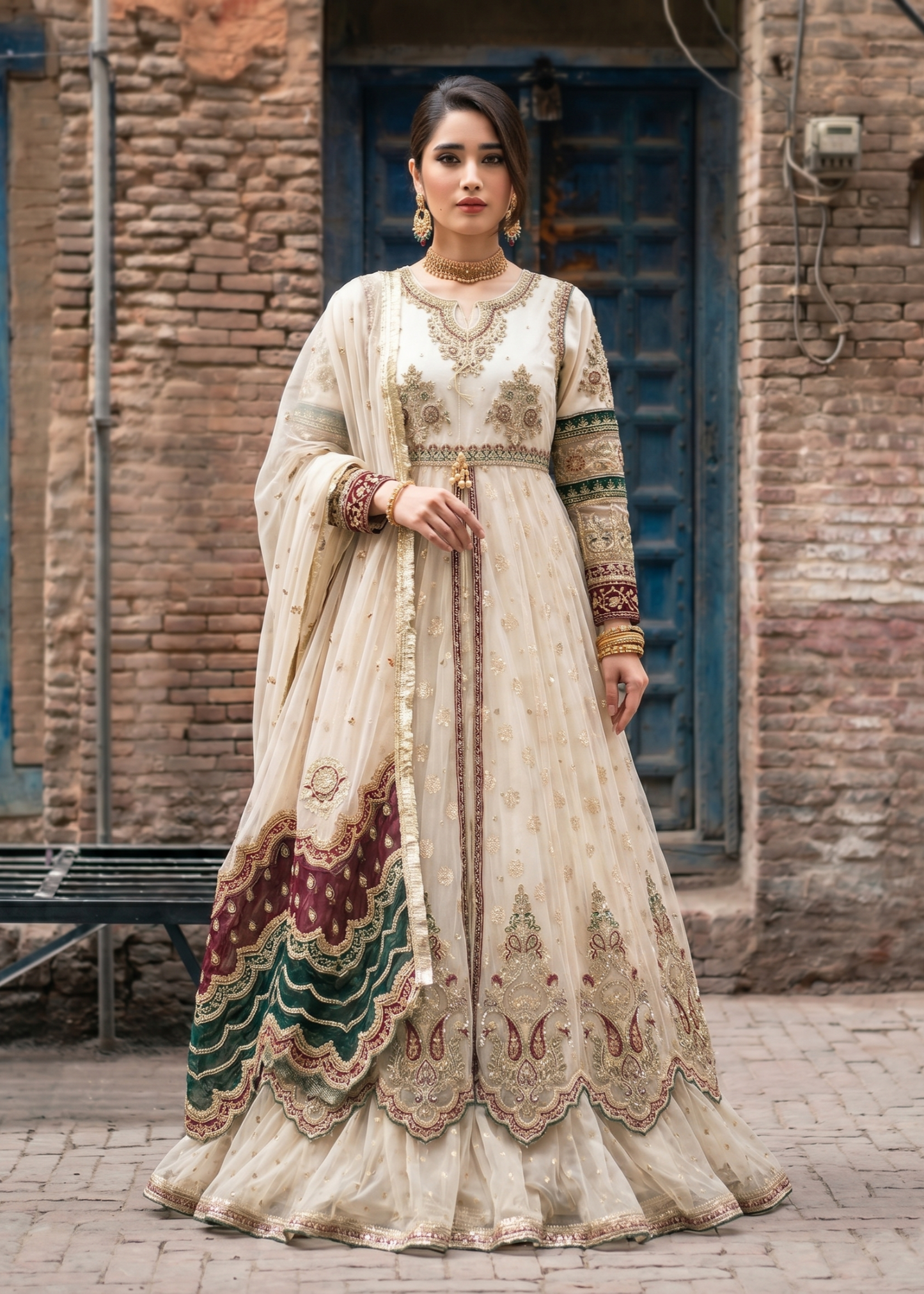 Off-White Embroidered Net Flared Maxi Dress Online in Dubai DXB UAE Abudhabi Meena Bazaar
