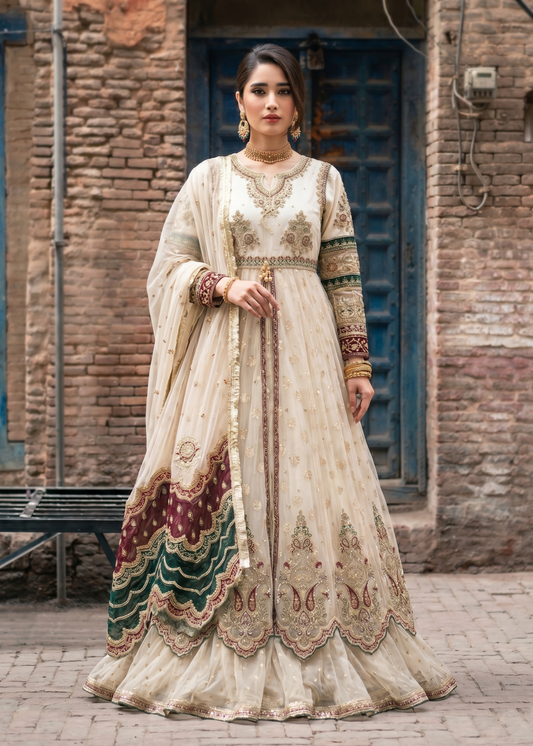 Off-White Embroidered Net Flared Maxi Dress Online in Dubai DXB UAE Abudhabi Meena Bazaar