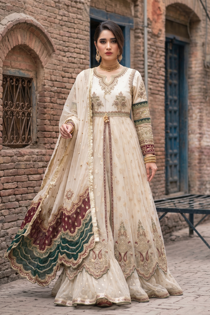 Off-White Embroidered Net Flared Maxi Salwar Kameez Online in Dubai UAE Abudhabi Ajman Sharjah