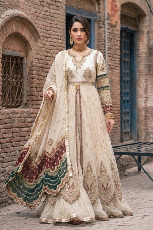 Off-White Embroidered Net Flared Maxi Salwar Kameez Online in Dubai UAE Abudhabi Ajman Sharjah