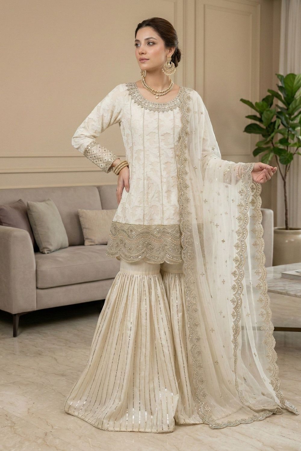 Off-White Embroidered Net Gharara Suit Online in Dubai UAE Abudhabi Ajman Sharjah
