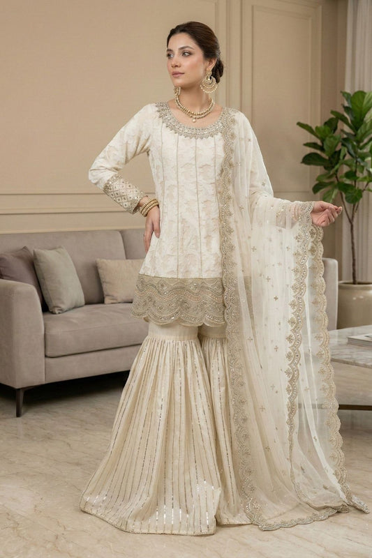 Off-White Embroidered Net Gharara Suit Online in Dubai UAE Abudhabi Ajman Sharjah
