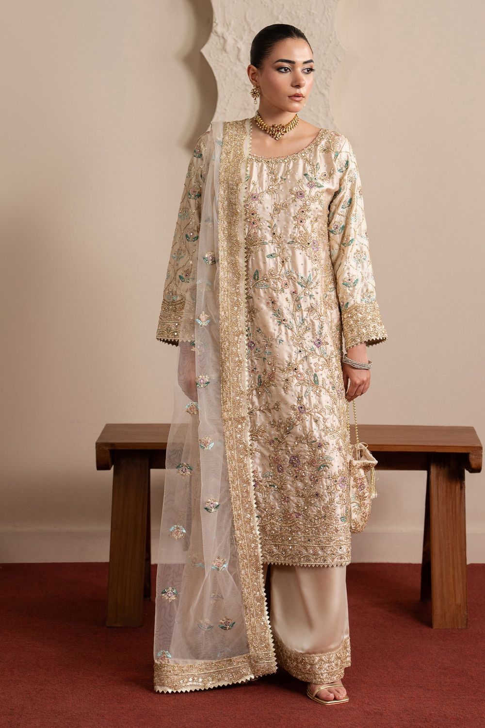 Off-White Embroidered Net Wedding Suit Online in Dubai UAE Abudhabi Ajman Sharjah