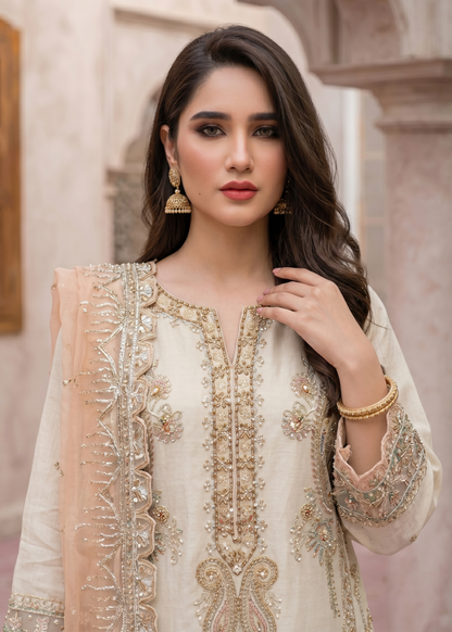 Off-White Embroidered Organza Designer Suit Online in UK USA Canada