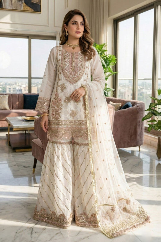 Off White Embroidered Organza Festive Suit Online in Dubai UAE Abudhabi Ajman Sharjah